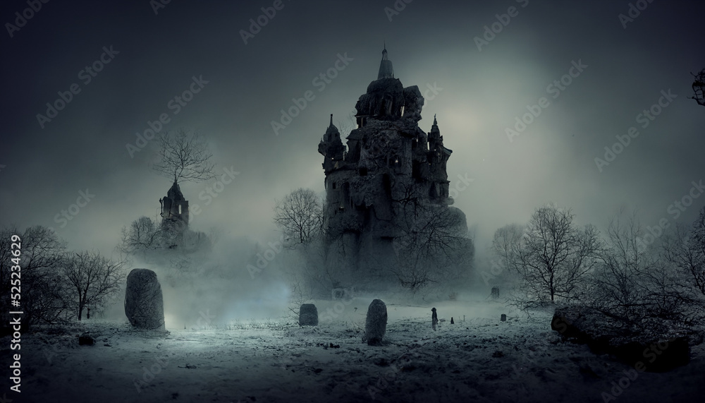 Old cemetery with pumpkins illustration for halloween. Halloween night pictures for wall paper.3D illustration. 