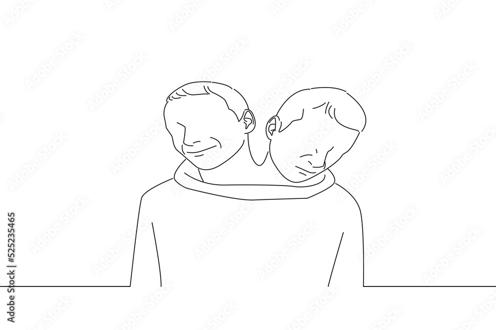 Drawing of man with two heads, multiple personalities disorder concept. Outline drawing style art