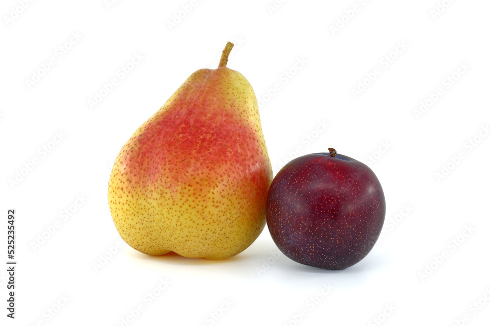 Pear and plum isolated on white background Pear and plum isolated on white background