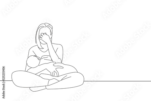 Cartoon of tired mother suffering from experiencing postnatal depression single mom motherhood stress. Outline drawing style art