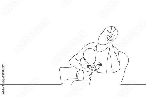 Illustration of depressed young woman holding cute baby at home. Oneline art drawing style