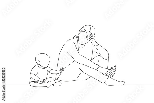 Cartoon of tired young woman accompany cute baby at home. Line art style