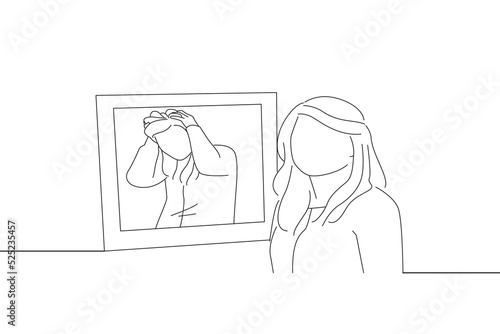 Illustration of young emotionally unstable woman with bipolar disorder. Line art style
