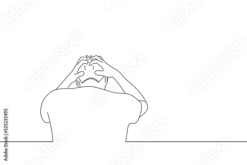 Cartoon of worried man with mental health problem touching his head. Line art style