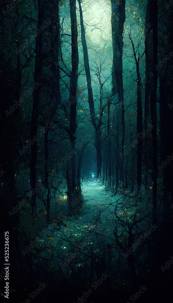 Realistic haunted forest landscape at night. Fantasy Halloween forest background. 3D illustration. Realistic haunted forest landscape at night. Fantasy Halloween forest background. 3D illustration.