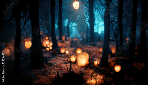 Realistic haunted forest landscape at night. Fantasy Halloween forest background. 3D illustration.