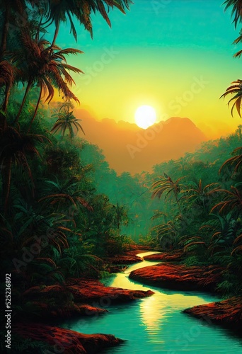 Retro synthwave unexplored amazon jungle river with intense bright hazy 80 s reddish orange sunset - tall dense overgrown tropical vegetation and palm trees paradise nostalgia.