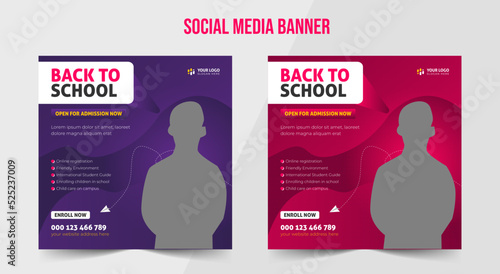 Back to school admission social banner design template with multiuse  photo
