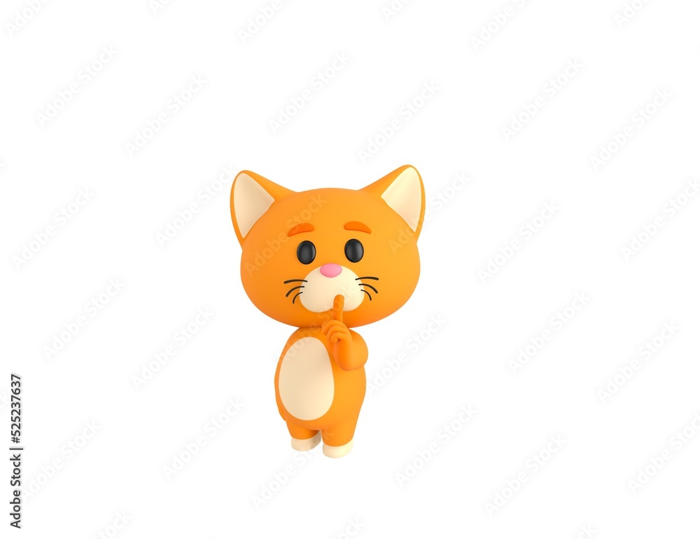 Orange Little Cat character holding hand near mouth silence gesture in 3d rendering.