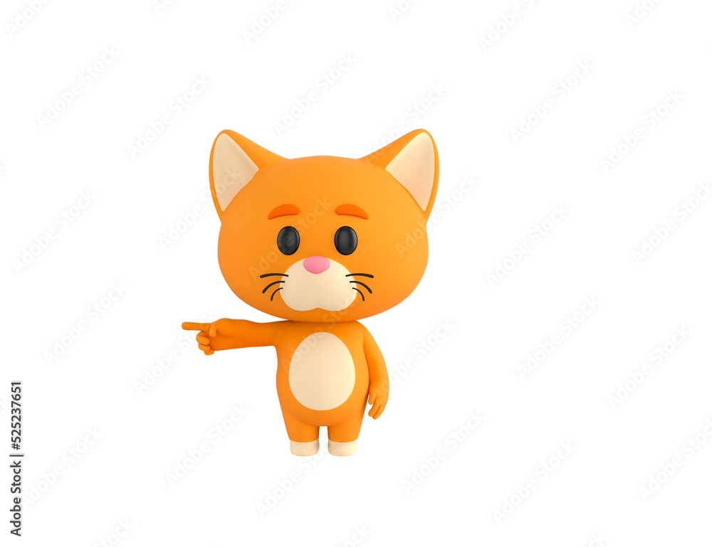Orange Little Cat character pointing his finger to the left in 3d rendering. Orange Little Cat character pointing his finger to the left in 3d rendering.