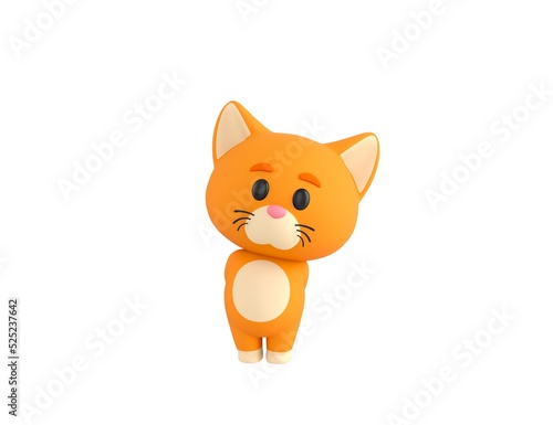 Orange Little Cat character hides his hands behind his back in 3d rendering.