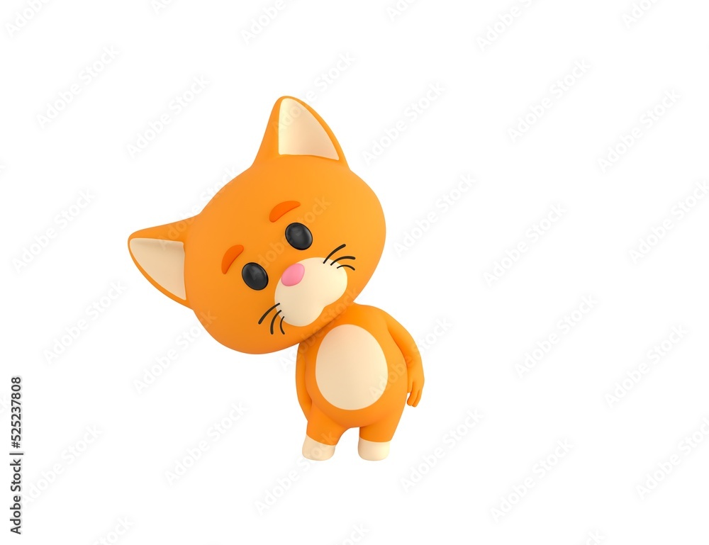 Orange Little Cat character tilt body to side in 3d rendering.
