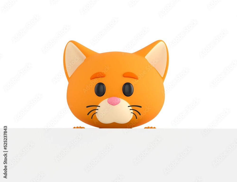 Orange Little Cat character standing behind the big white blank banner in 3d rendering. Orange Little Cat character standing behind the big white blank banner in 3d rendering.