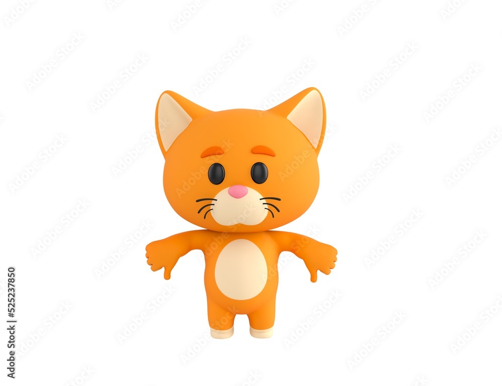 Orange Little Cat character showing thumb down with two hands in 3d rendering.