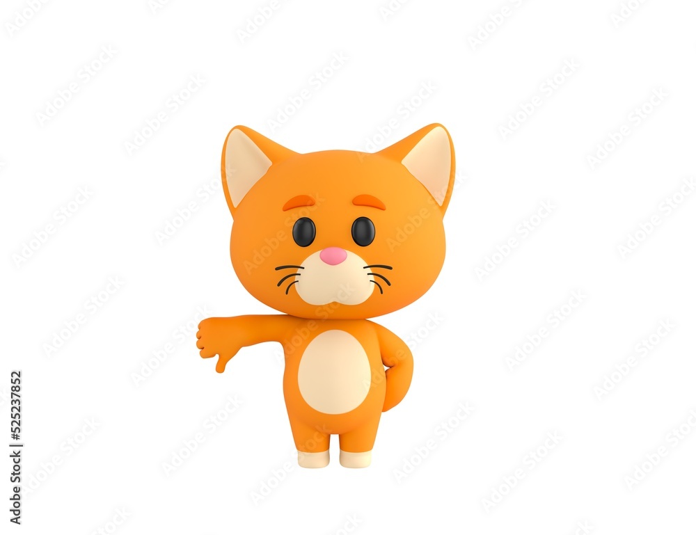 Orange Little Cat character showing thumb down in 3d rendering.