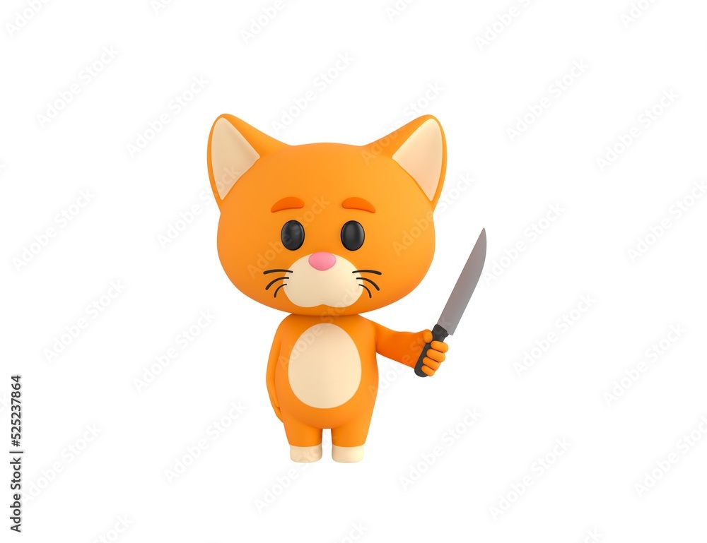 Orange Little Cat character holding sharp knife in 3d rendering. Orange Little Cat character holding sharp knife in 3d rendering.