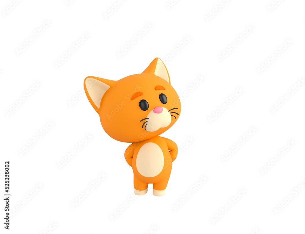 Orange Little Cat character hides hands behind back and look up in 3d rendering. Orange Little Cat character hides hands behind back and look up in 3d rendering.