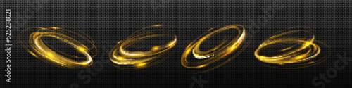 Abstract gold light swirls, circle lines glow effect. Vector realistic set of magic rings, shiny energy whirls, round flash motion isolated on transparent background