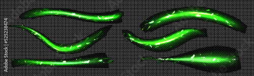 Abstract neon light lines with sparkles isolated on transparent background. Vector realistic set of magic green glow streaks, horizontal energy flare with sparks