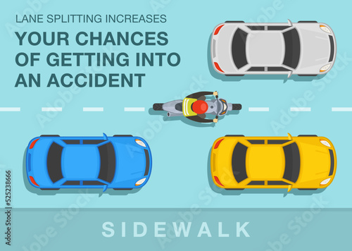 Safe motorcycle riding rules and tips. Lane splitting increases your chances of getting into an accident. Top view of a biker riding on the city road between cars. Flat vector illustration template.