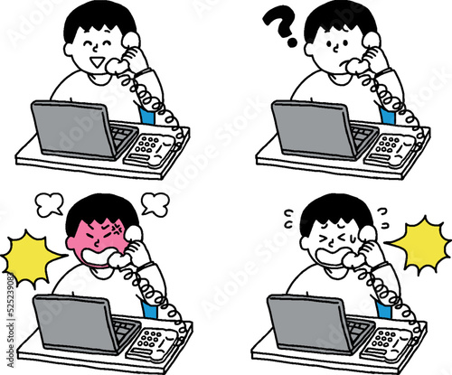 電話対応しパソコンを操作する私服の男性イラストセット