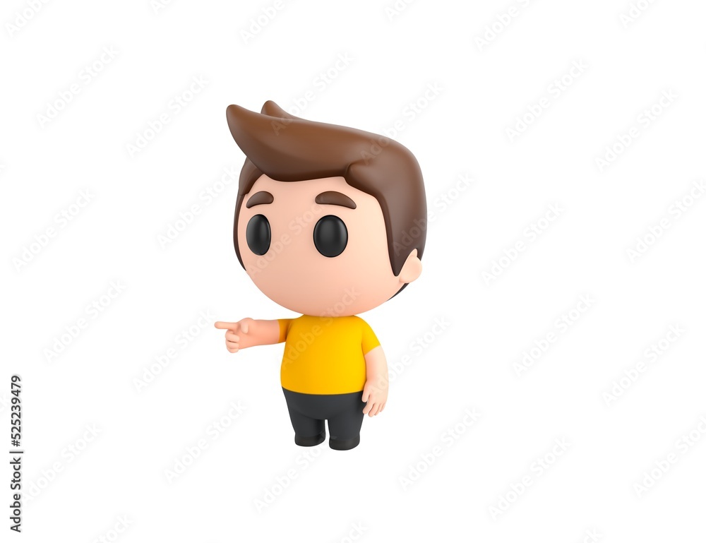 Little boy wearing yellow shirt character pointing finger to the left in 3d rendering.