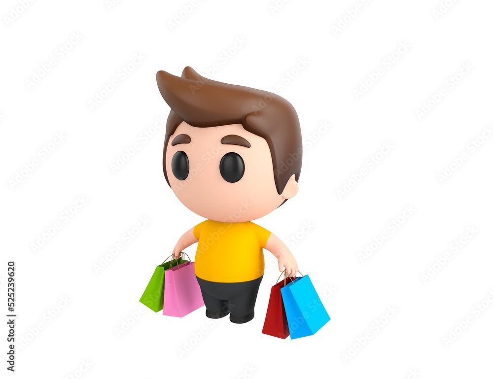 Little boy wearing yellow shirt character carrying colorful shopping bags in 3d rendering. Little boy wearing yellow shirt character carrying colorful shopping bags in 3d rendering.
