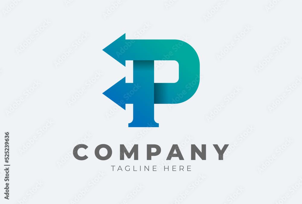 Initial P logo. letter P with arrow in gradient colour logo design inspiration, usable for brand and company logos