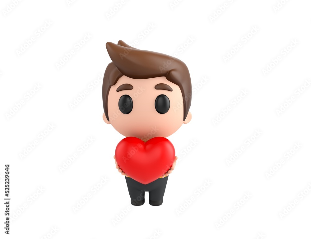 Little boy wearing yellow shirt character giving red heart in 3d rendering.