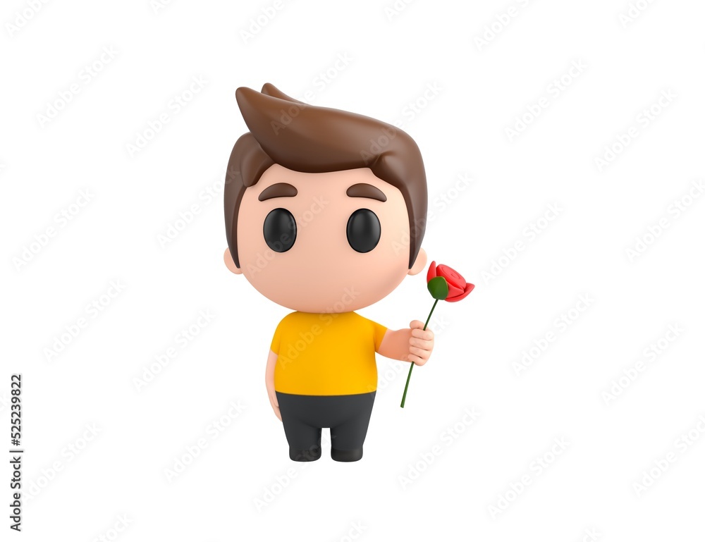 Little boy wearing yellow shirt character holding flower in 3d rendering.