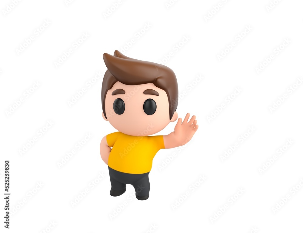 Little boy wearing yellow shirt character hold hand near ear listening rumors in 3d rendering.