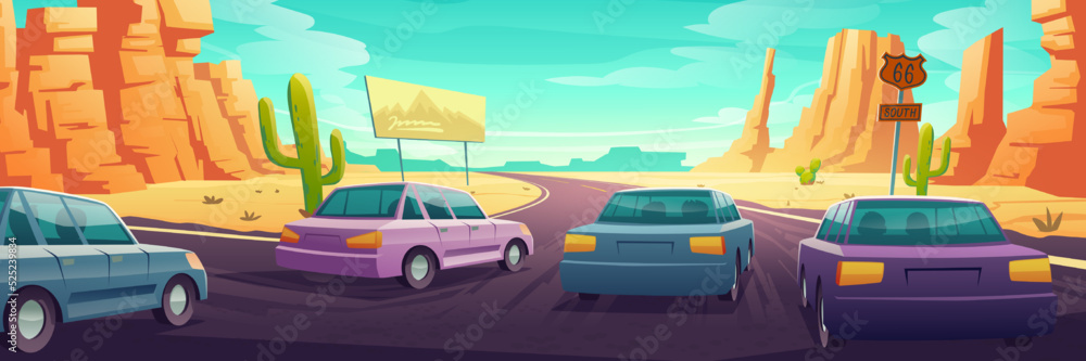 Desert landscape with cars drive on highway. Vector cartoon illustration of road traffic, desert scene with mountains, sand, cactuses and vehicles on crossroad