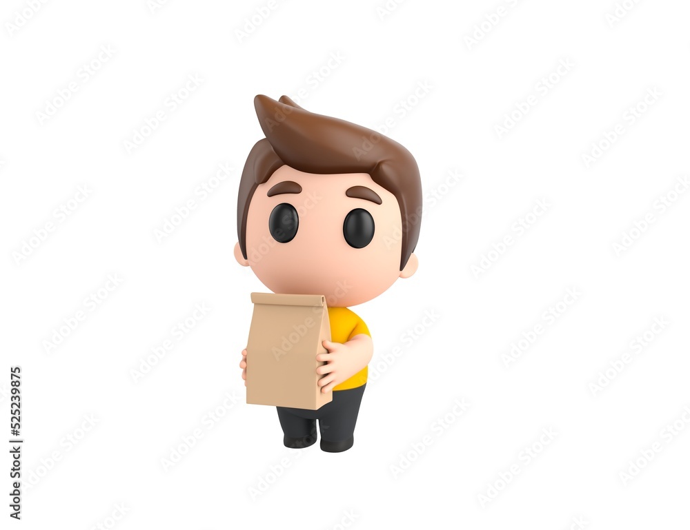 Little boy wearing yellow shirt character holding paper containers for takeaway food in 3d rendering.