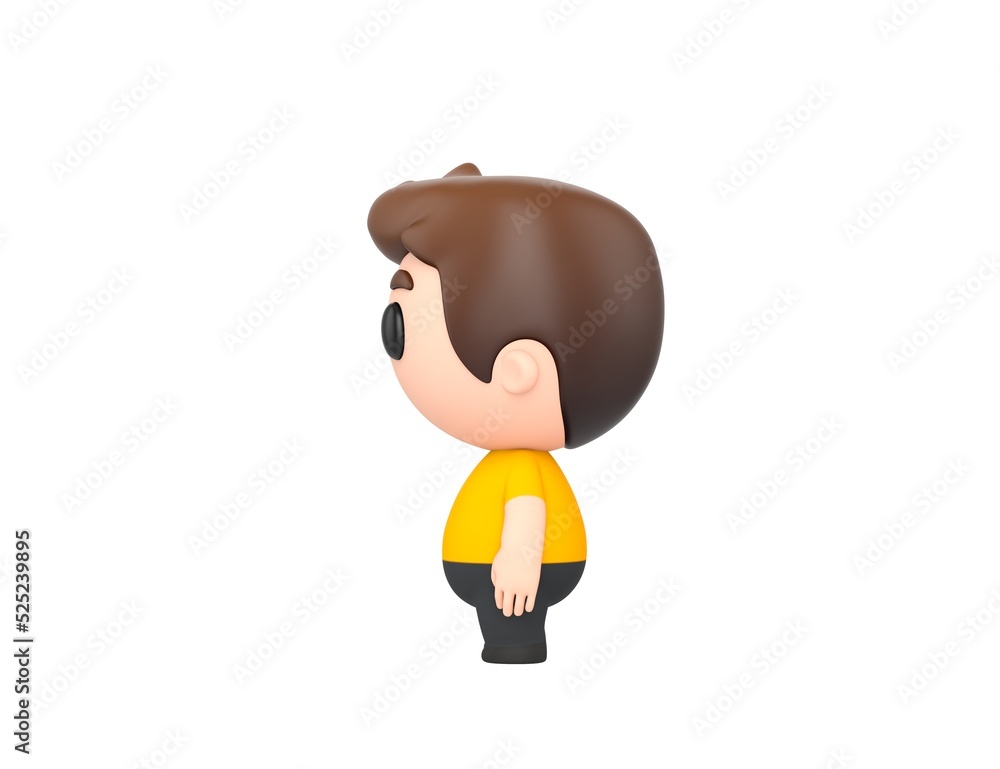 Little boy wearing yellow shirt character looking to side in 3d rendering.