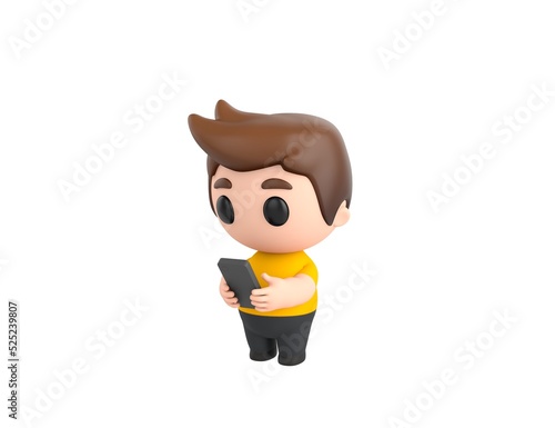 Little boy wearing yellow shirt character types text message on cell phone in 3d rendering.