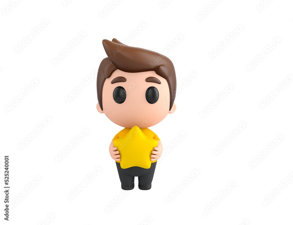 Little boy wearing yellow shirt character holding star in 3d rendering.