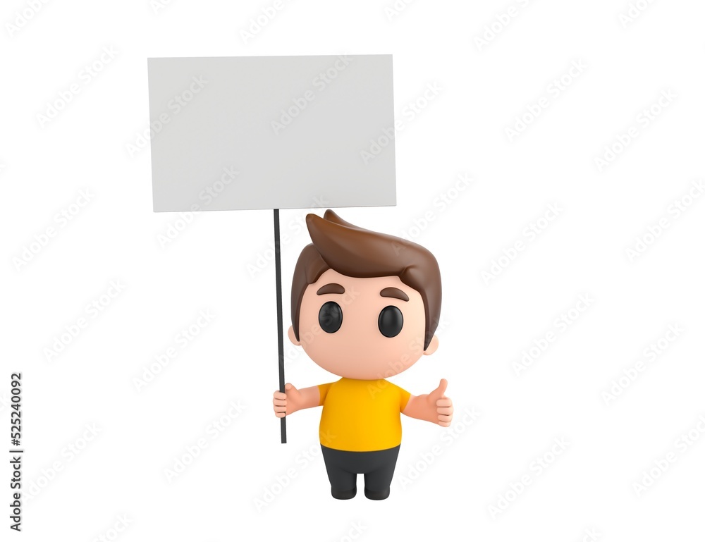Little boy wearing yellow shirt character holding a blank billboard and give thumb up in 3d rendering. Little boy wearing yellow shirt character holding a blank billboard and give thumb up in 3d rendering.