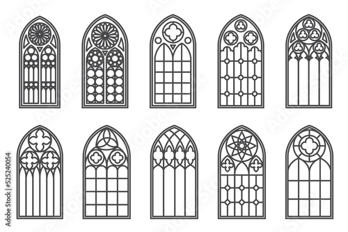 Church medieval windows set. Old gothic style architecture elements. Vector outline illustration on white background.