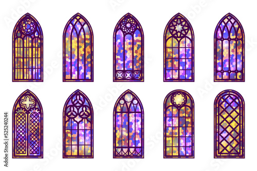 Gothic windows set. Vintage stained glass church frames. Element of traditional european architecture. Vector