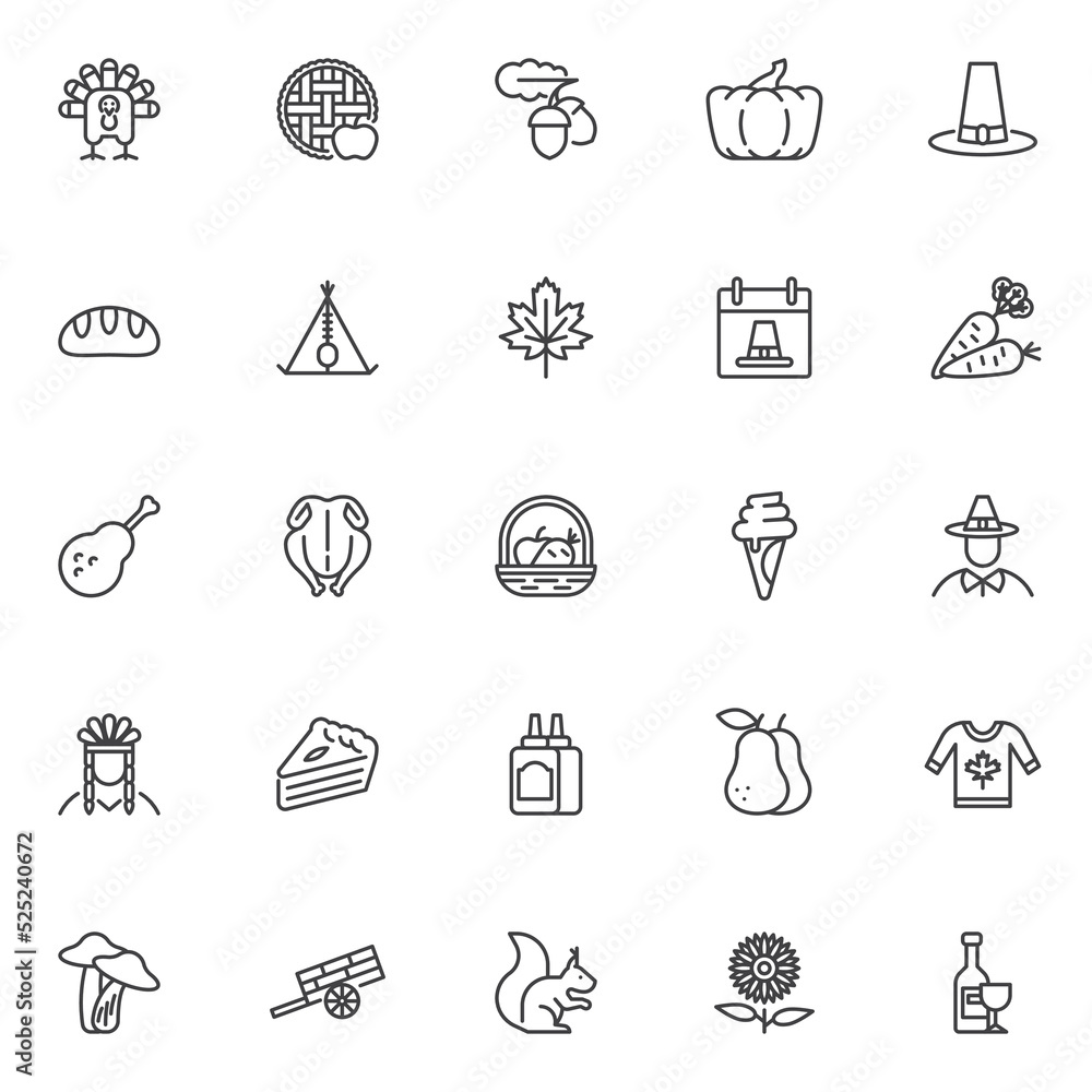 Fototapeta premium Thanksgiving holiday line icons set
