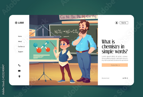Chemistry science banner with teacher and student in school classroom. Vector landing page of chemistry learning with cartoon illustration of school lesson in class with chalkboard and placard
