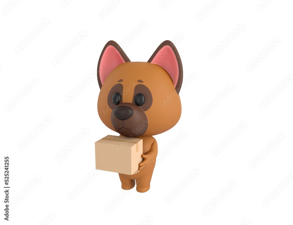 German Shepherd Dog character carrying a package in 3d rendering. German Shepherd Dog character carrying a package in 3d rendering.