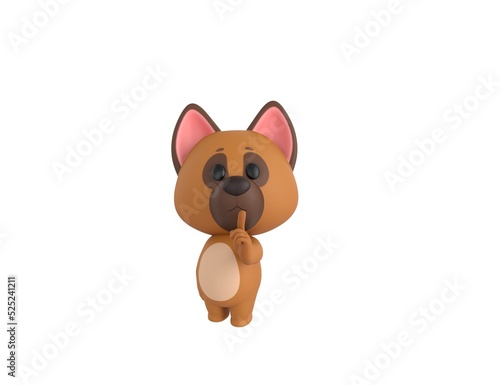German Shepherd Dog character holding hand near mouth silence gesture in 3d rendering.