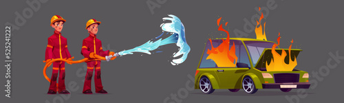 Cartoon firefighters with water hose and burning car isolated on grey background. Vector illustration of two brave firemen in uniform extinguishing auto on fire. Dangerous occupation. Risky job