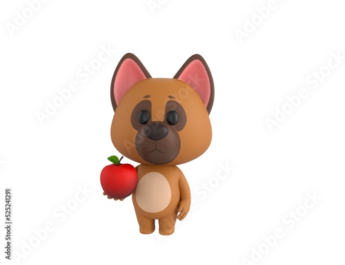 German Shepherd Dog character holding red apple in 3d rendering.