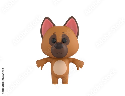 German Shepherd Dog character showing thumb down with two hands in 3d rendering.