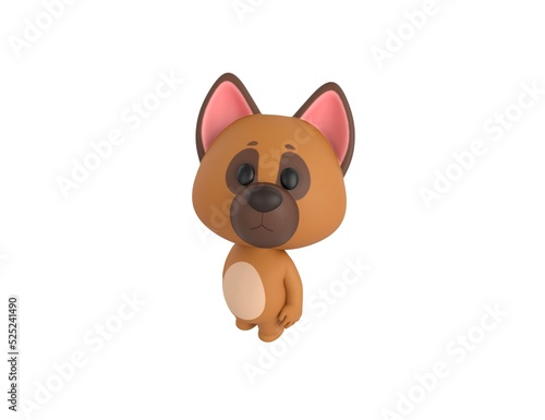 German Shepherd Dog character standing and look up to camera in 3d rendering.
