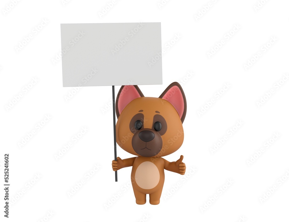 Fototapeta premium German Shepherd Dog character holding a blank billboard and give thumb up in 3d rendering.