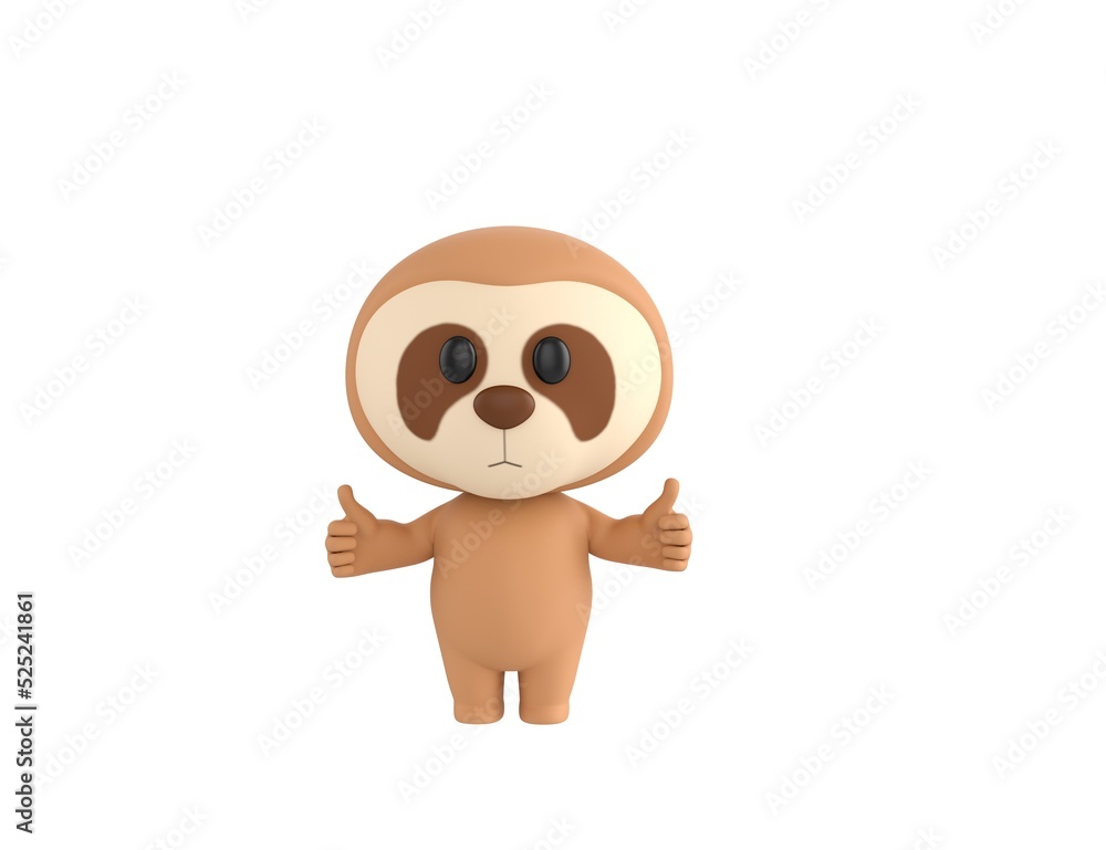 Little Sloth character showing thumb up with two hands in 3d rendering. Little Sloth character showing thumb up with two hands in 3d rendering.