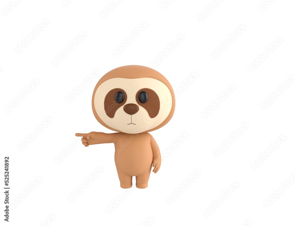 Little Sloth character pointing his finger to the left in 3d rendering. Little Sloth character pointing his finger to the left in 3d rendering.